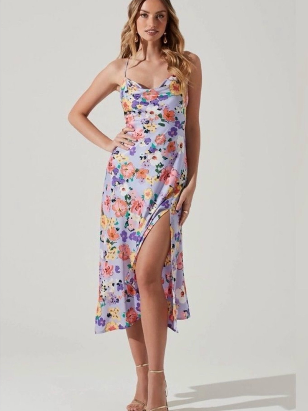 Astr Gaia Draped Collar Satin Midi Floral Dress in Periwinkle Floral